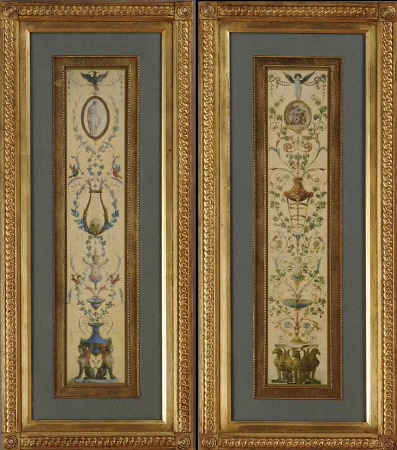 Appraisal: PAIR OF CLASSICAL POLYCHROME-PAINTED PANELS Offset-reproduction prints in colors x