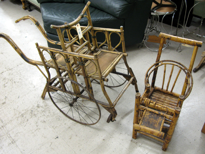 Appraisal: TWO VICTORIAN BAMBOO STROLLERS Continental c including a two-seat rickshaw