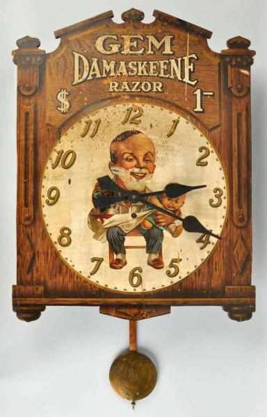 Appraisal: Wooden Gem Razor Advertising Clock Description Working Overall wear to