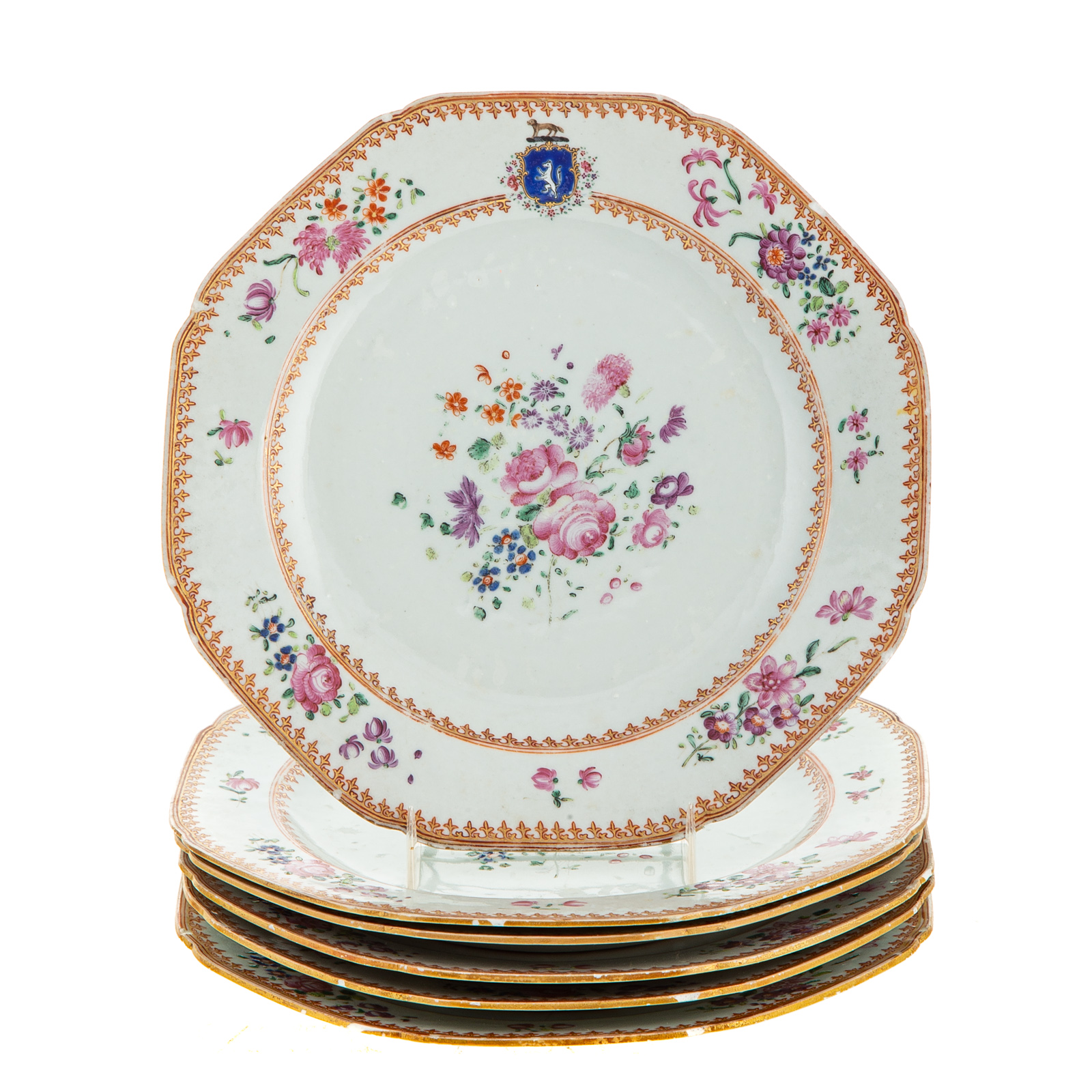 Appraisal: SIX CHINESE EXPORT FAMILLE ROSE ARMORIAL PLATES Circa gilt spearhead