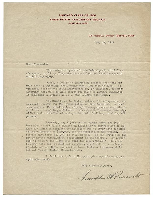 Appraisal: Typed Letter Signed Franklin D Roosevelt Addressing Harvard Classmates of