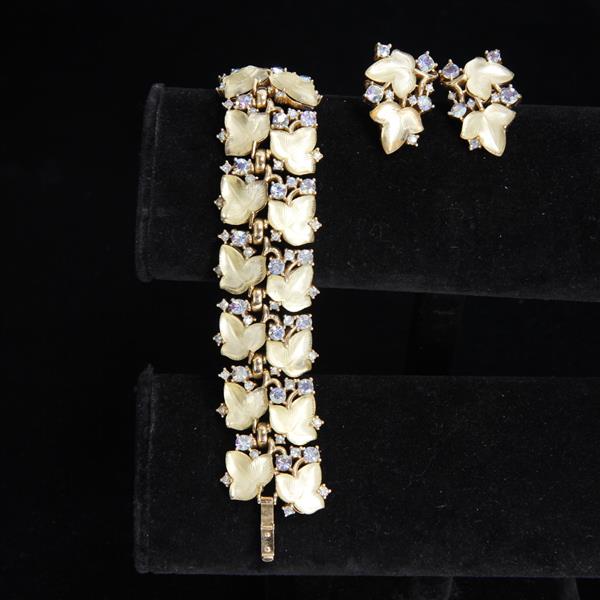 Appraisal: Trifari pc Bracelet Clip on Earrings with molded leaf jewels