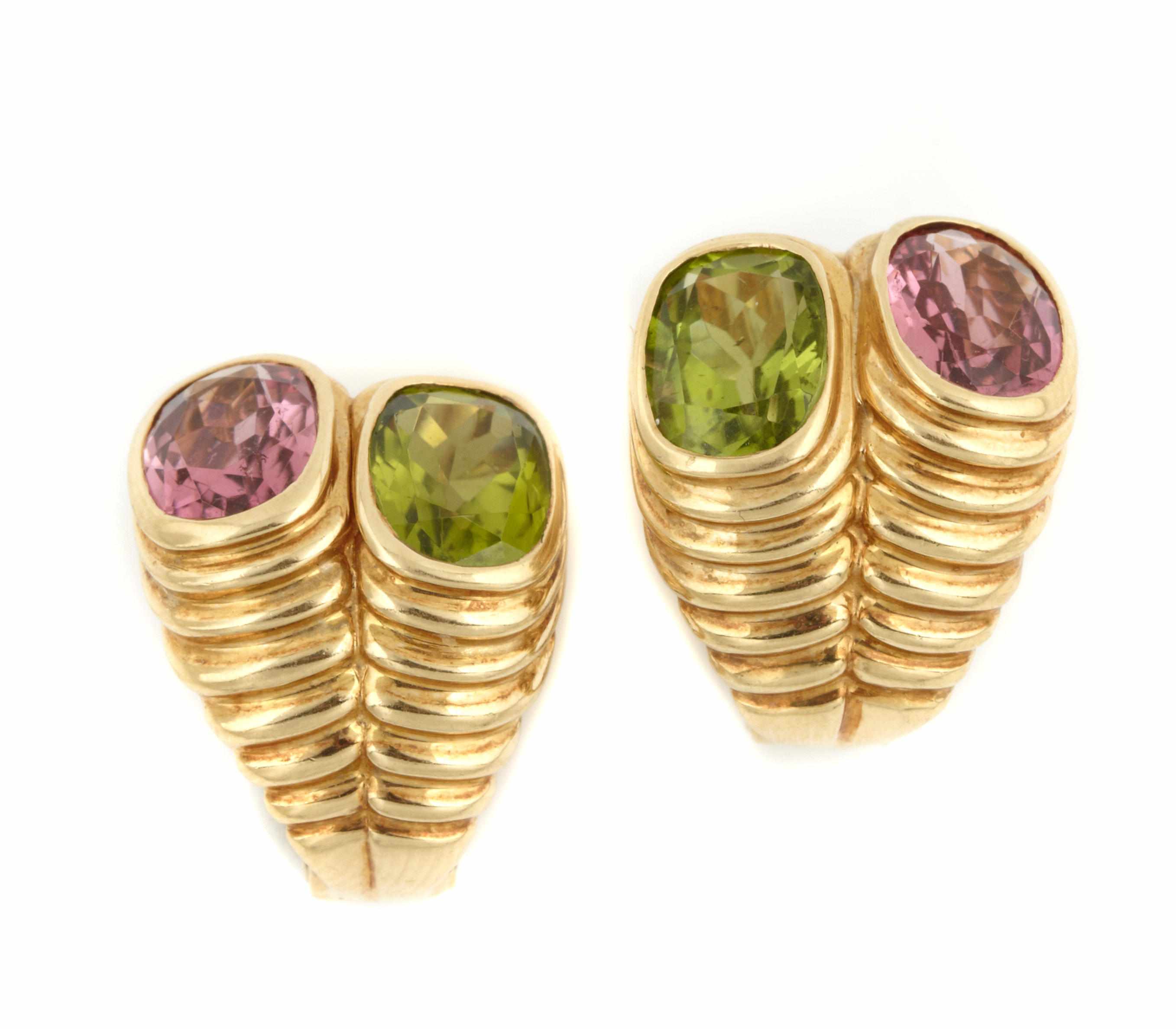 Appraisal: A pair of peridot and tourmaline earrings mounted in k