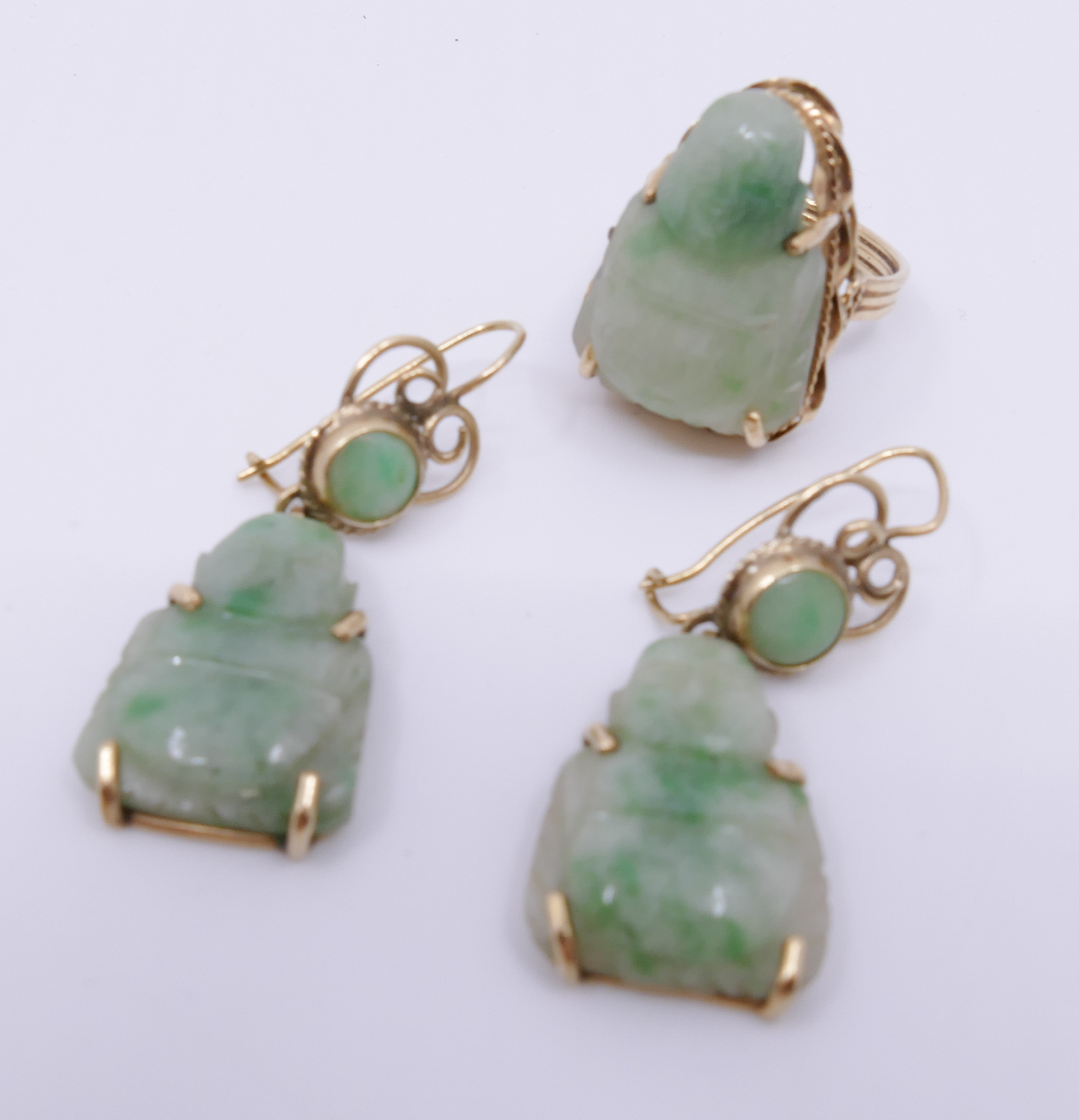 Appraisal: Chinese K Jade Buddha Ring Earring Set- g TW