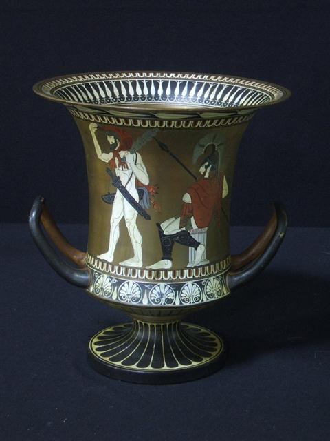 Appraisal: PAINTED METAL TWO-HANDLED VASE The sides wth scenes of Hercules