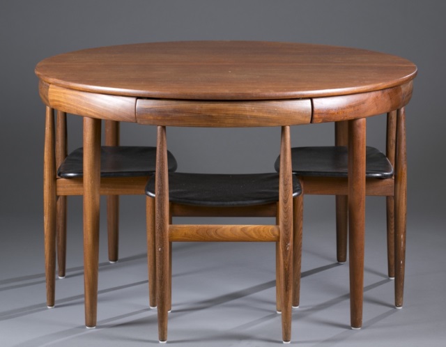 Appraisal: Hans Olsen Teak Dining Table Three Chairs Manufactured by Frem