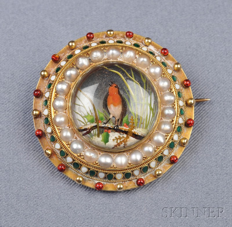 Appraisal: Antique Reverse Crystal Enamel and Seed Pearl Brooch designed as