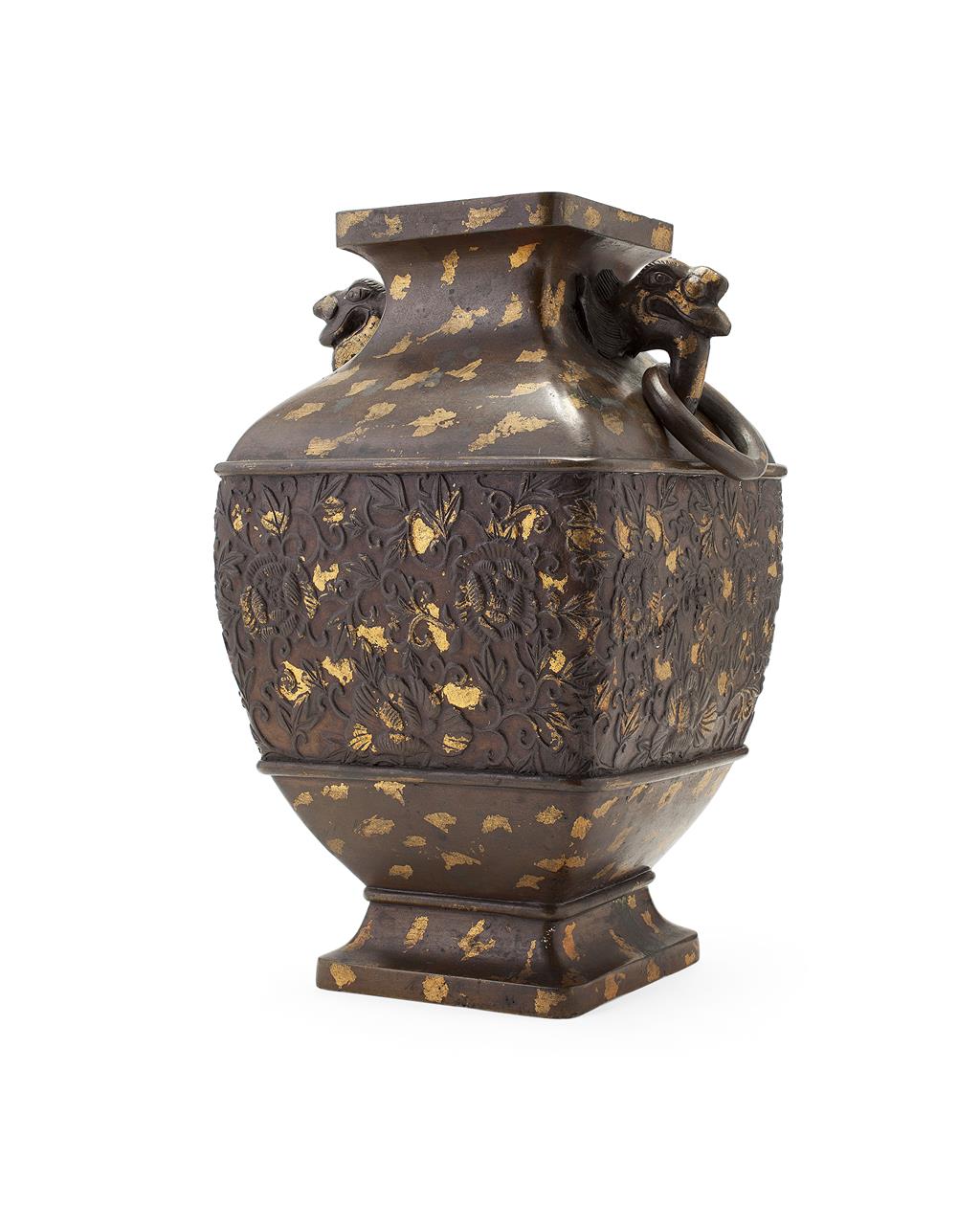 Appraisal: GOLD-SPLASHED BRONZE VASE in archaistic form the square baluster sides