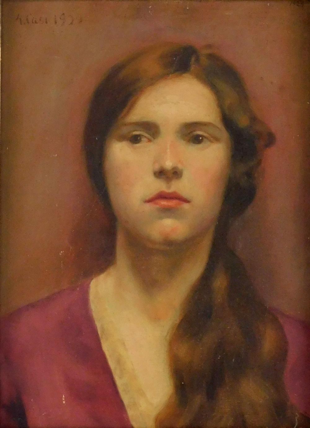 Appraisal: Portrait oil on canvas a young woman with long brown