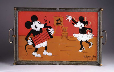 Appraisal: EARLY PIE-EYED MICKEY AND MINNIE REVERSE ON GLASS TRAY Mickey