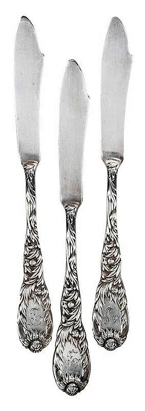 Appraisal: Tiffany Chrysanthemums Sterling Spreaders American - solid handle spreaders monograms