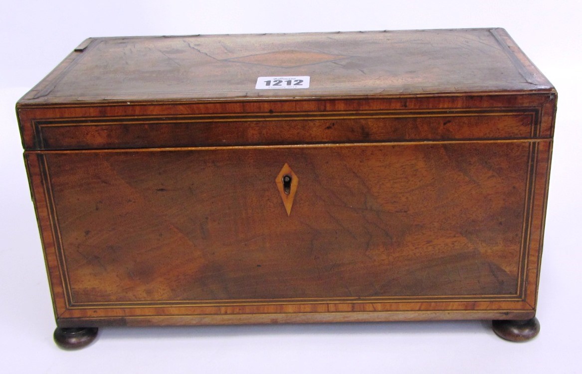 Appraisal: A George IV inlaid mahogany tea caddy with twin compartment