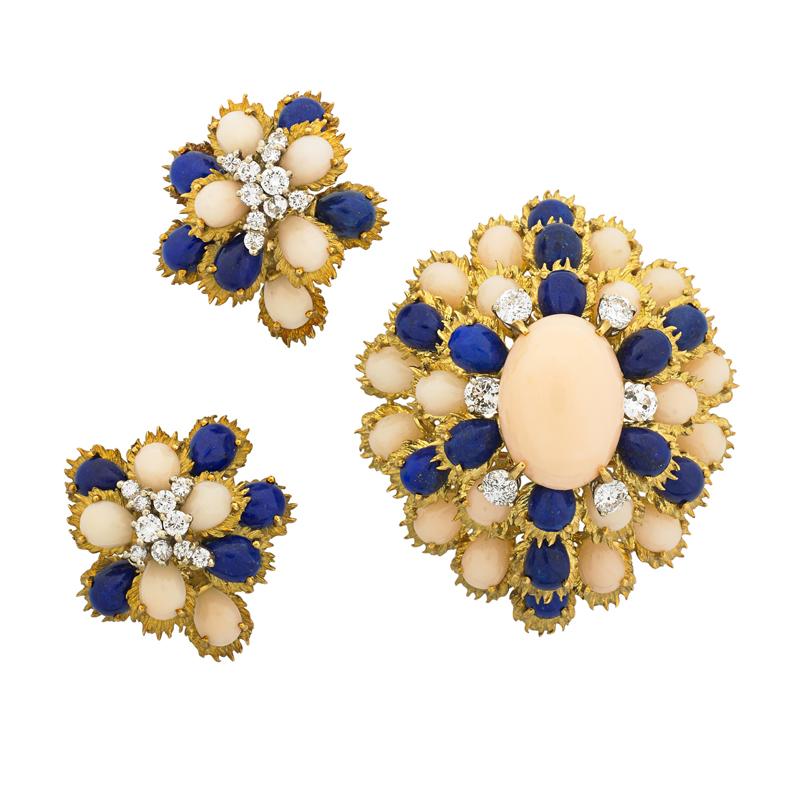 Appraisal: ANGEL SKIN CORAL LAPIS AND DIAMOND DEMI PARURE Condition Report