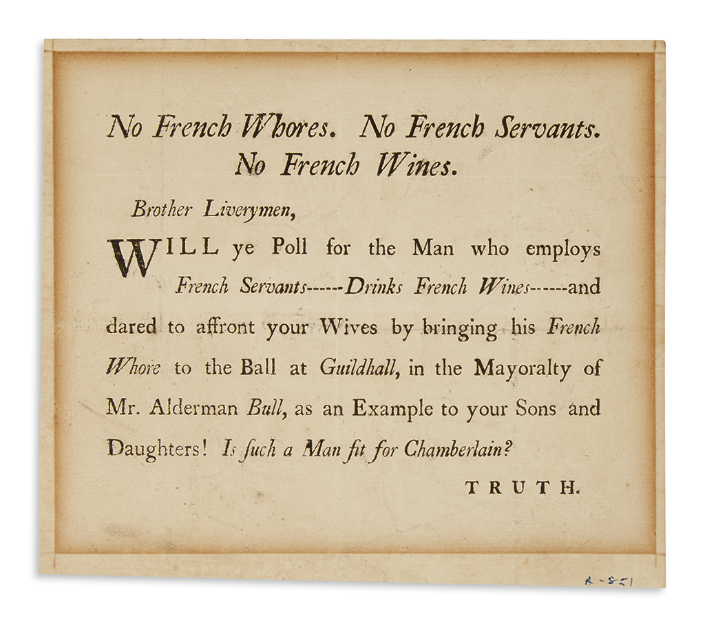 Appraisal: AMERICAN REVOLUTION-- No French Whores No French Servants No French