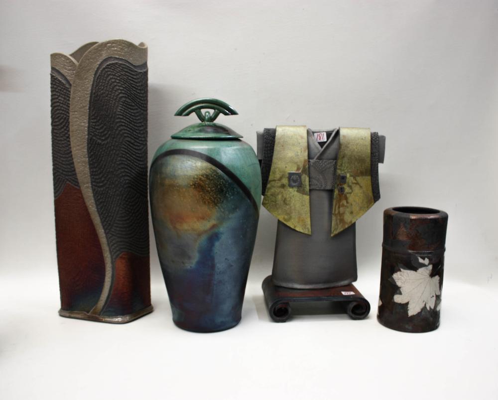 Appraisal: FOUR CONTEMPORARY RAKU POTTERY VESSELS comprised of urn with high