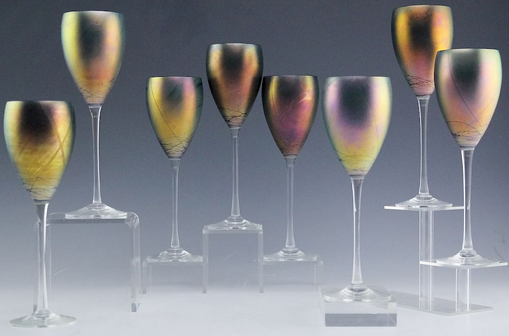 Appraisal: Steven Maslach Iridescent Bowl Art Wine Glasses Set of eight