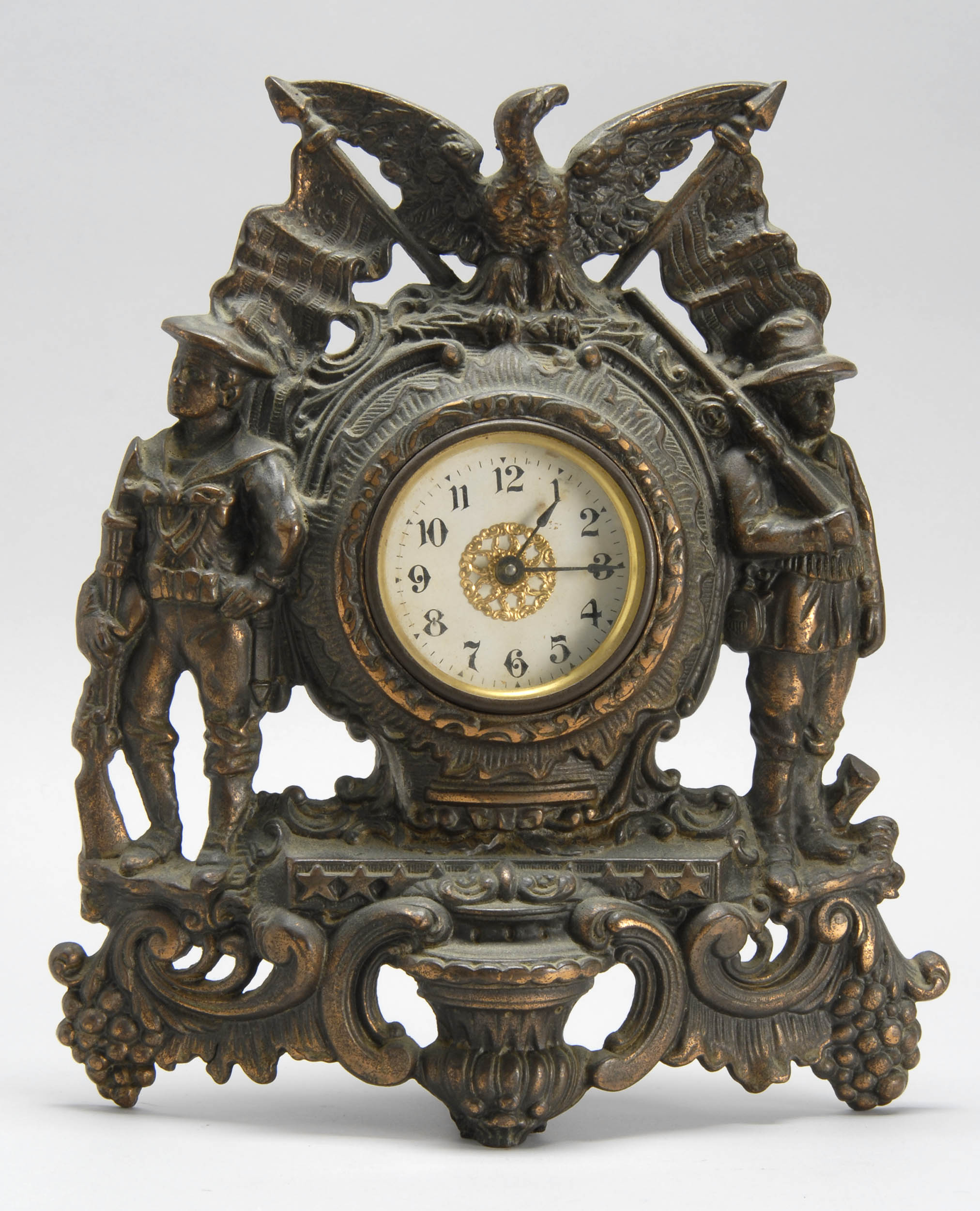 Appraisal: UNUSUAL WHITE METAL MANTEL CLOCK COMMEMORATING THE SPANISH-AMERICAN WAR Depicting