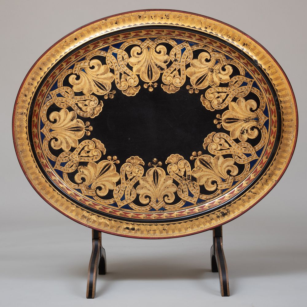 Appraisal: English Black Painted and Parcel-Gilt Papier Mach Tray on Stand