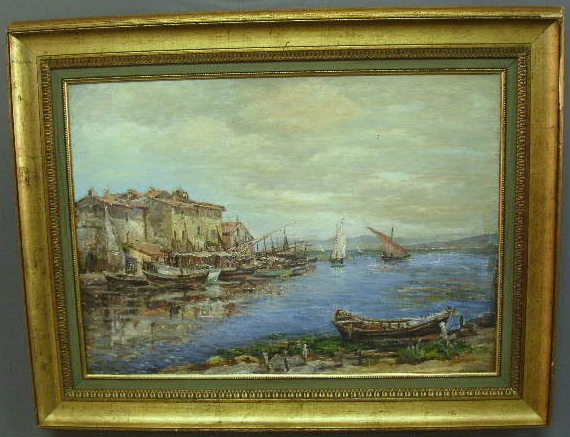 Appraisal: Oil on canvas painting of an Italian coastal fishing village