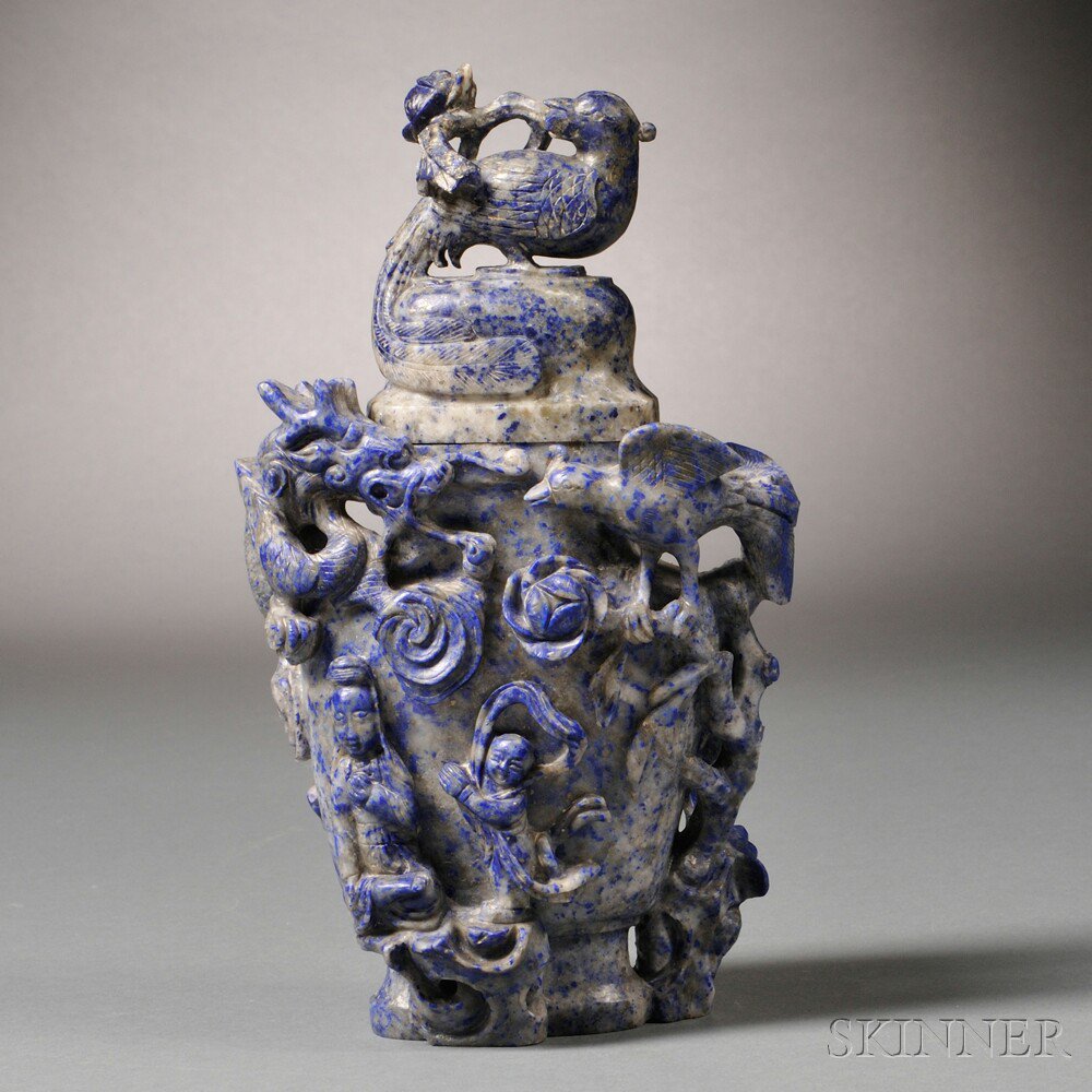 Appraisal: Lapis Lazuli Covered Vase China baluster form carved in high