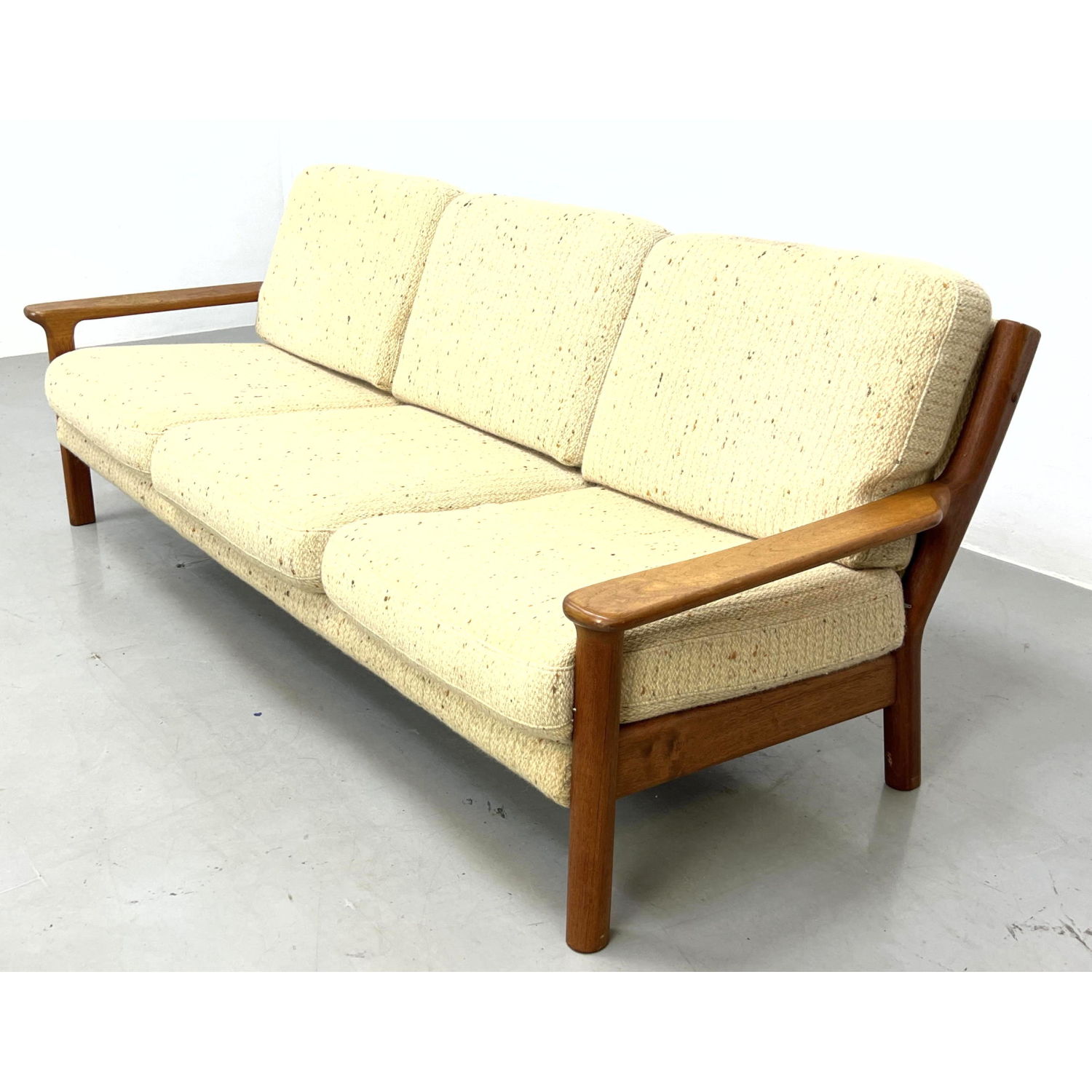 Appraisal: Danish Modern Teak Sofa Couch Tweedy upholstered seat and back