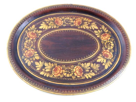 Appraisal: th C toleware tray oval-shaped polychromatic and gilt floral stenciling