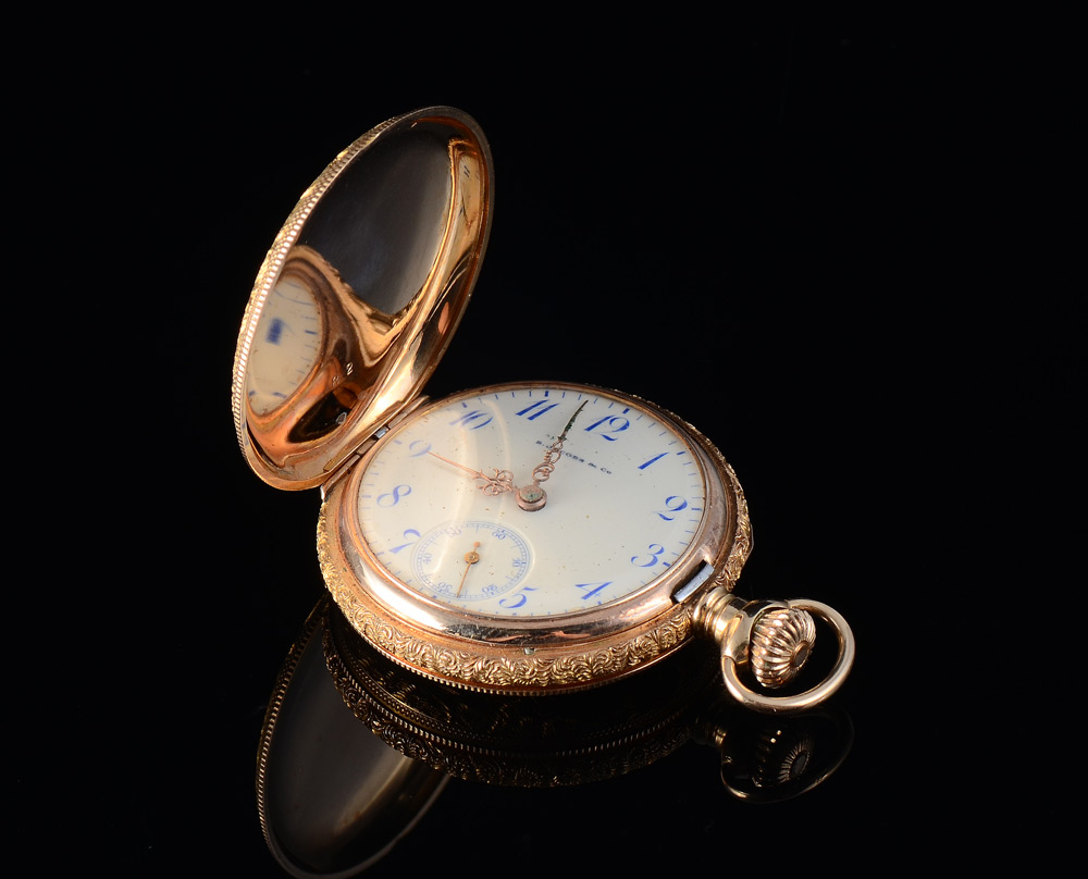 Appraisal: GRUEN GOLD POCKET WATCH Ornately engraved Gruen case The porcelain