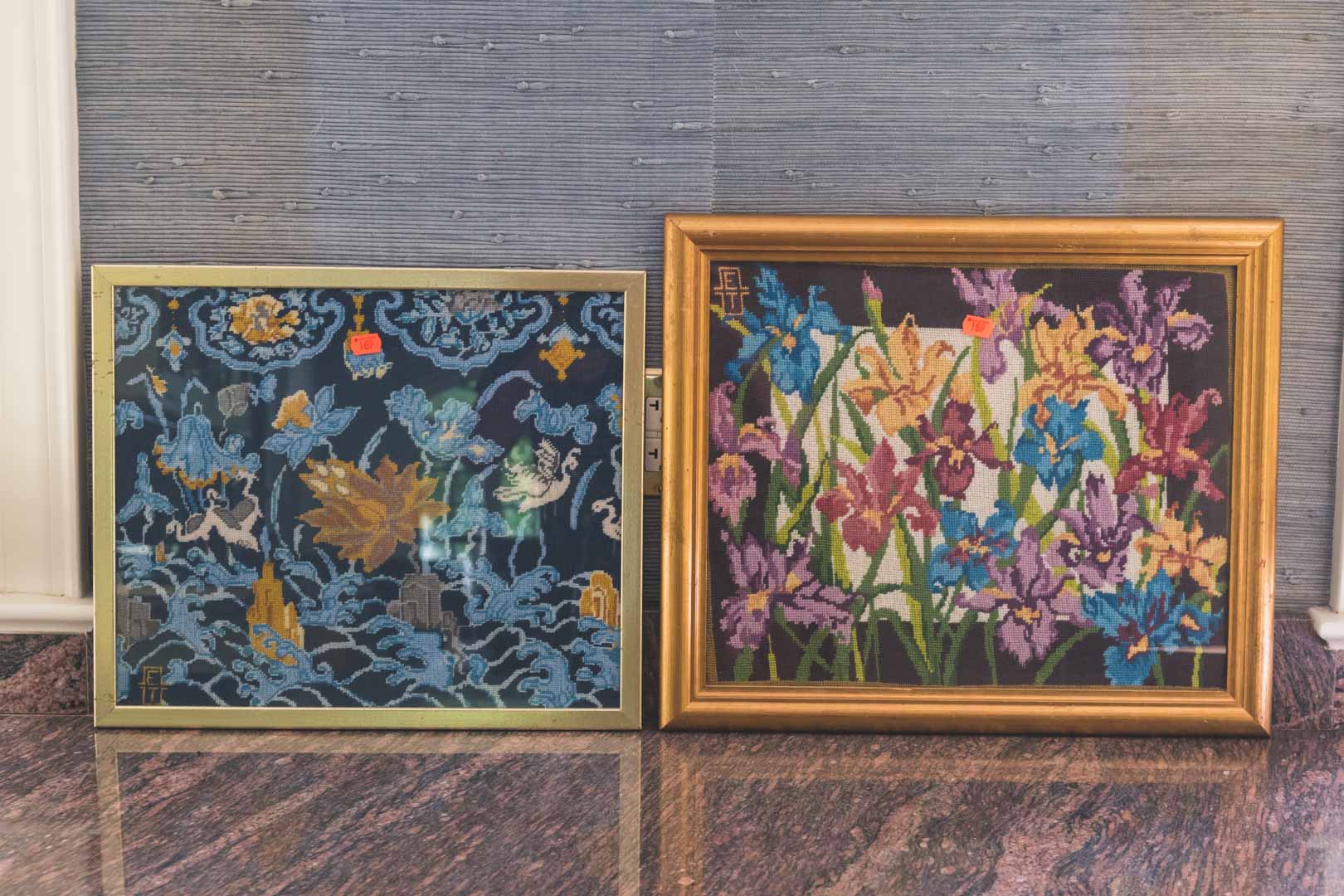 Appraisal: Four framed needlepoints including three floral The Kiss of the