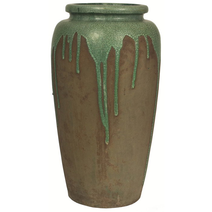 Appraisal: Wheatley floor vase green crackle drip glaze over unglazed clay