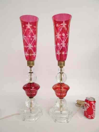 Appraisal: Pair cranberry glass lamps with shades '' Ht