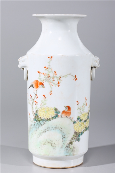 Appraisal: Chinese enameled porcelain vase with molded lion mask handles bird