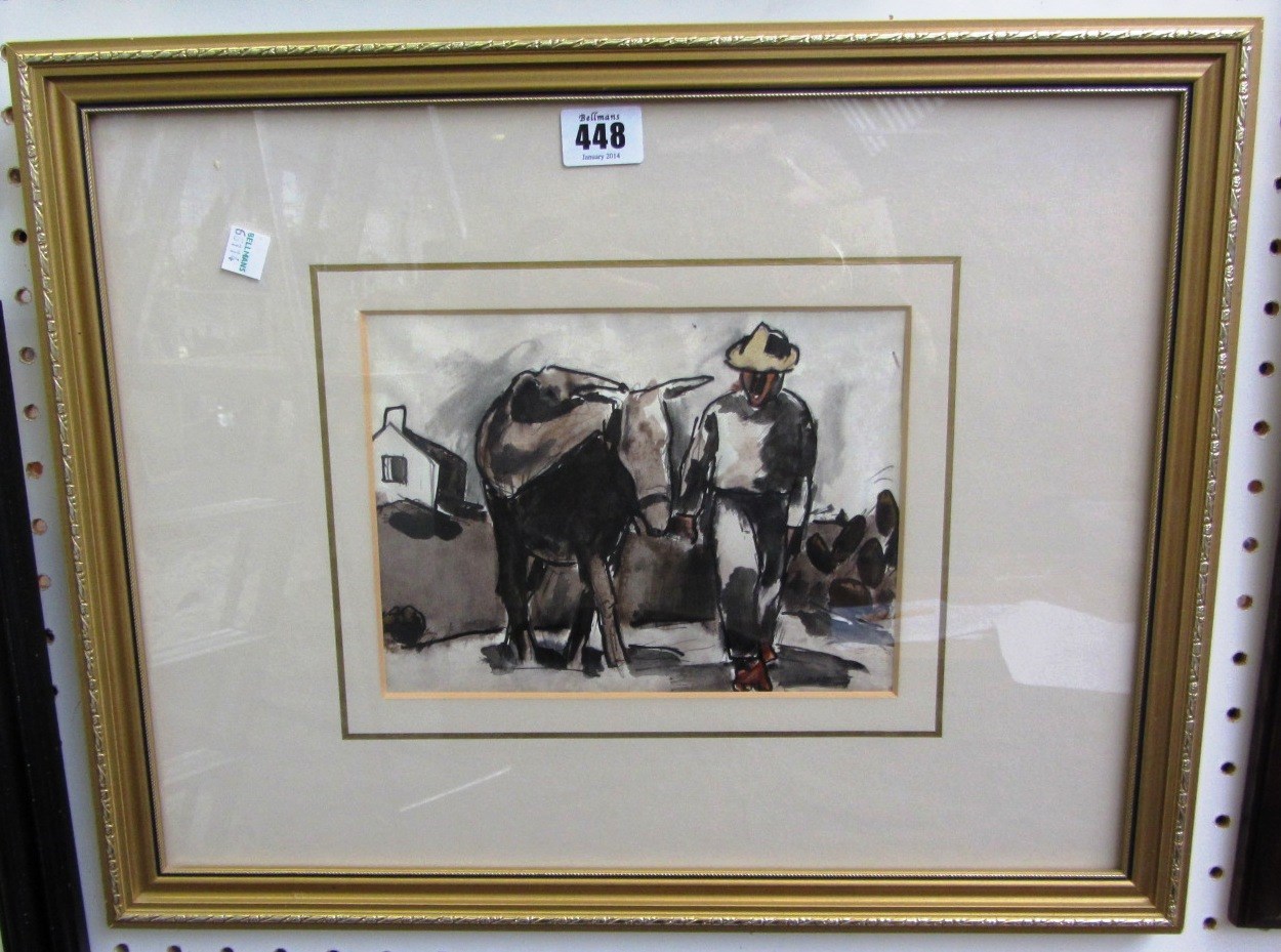 Appraisal: Josef Herman - Man and donkey figures two one watercolour