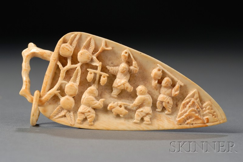 Appraisal: Ivory Carving China th century leaf-shaped the stem holding a