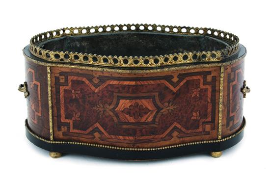 Appraisal: French brass-mounted marquetry inlaid jardiniere late th century cartouche form