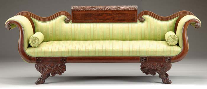 Appraisal: CARVED MAHOGANY CLASSICAL SOFA WITH BRASS INLAY Well carved sculpted