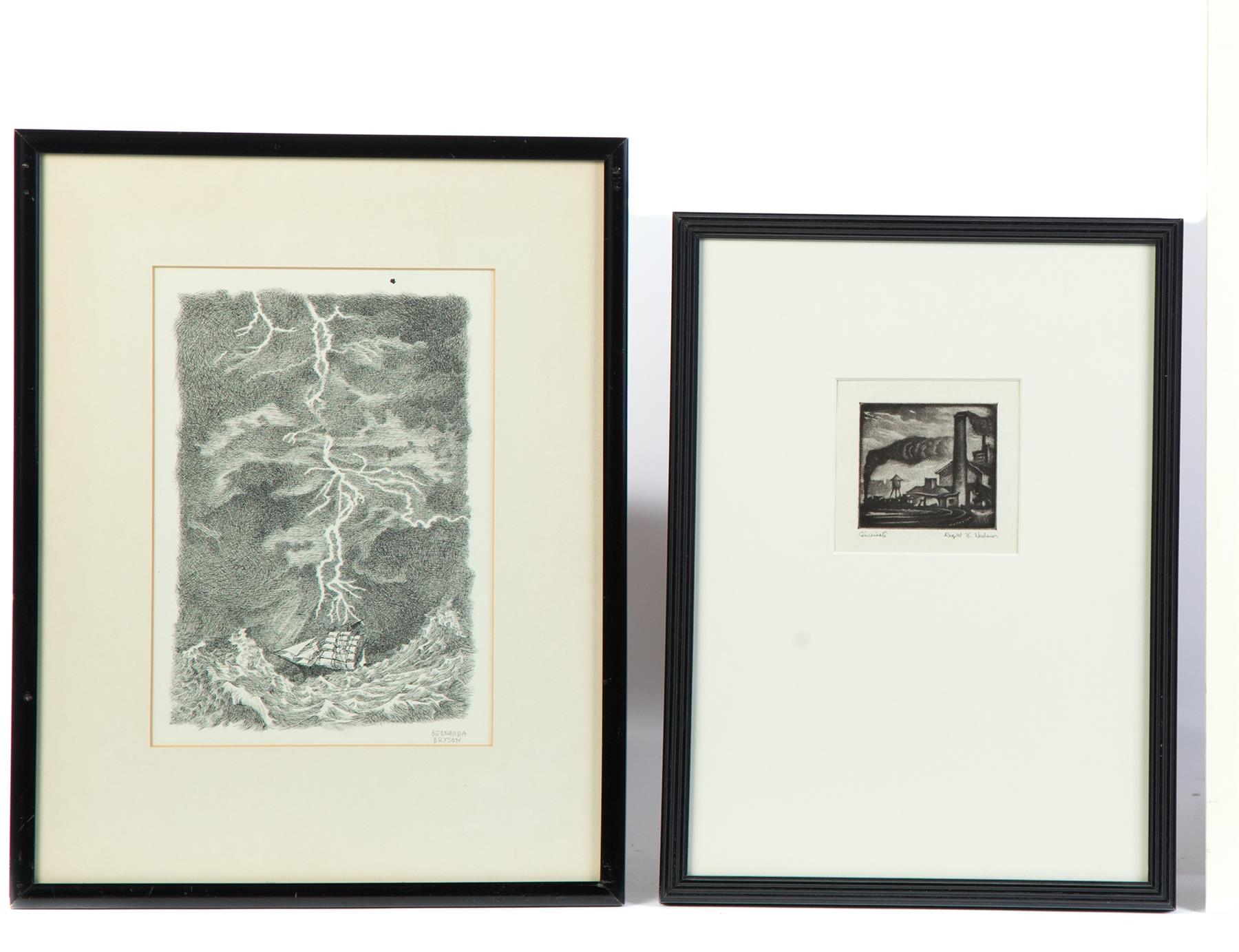 Appraisal: TWO AMERICAN PRINTS Etchings on paper Ship in storm signed