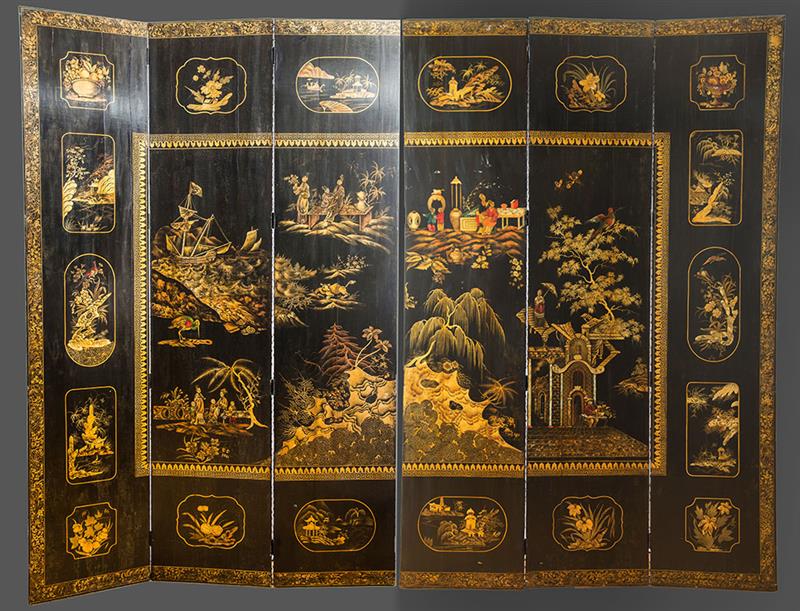 Appraisal: EUROPEAN BLACK JAPANNED SIX-PANEL SCREEN ft in Property of a