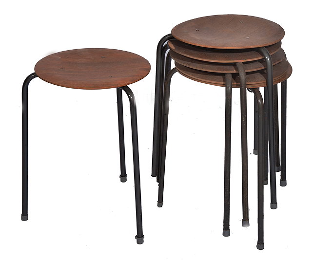 Appraisal: A GROUP OF FOUR PLYWOOD AND METAL LEGGED CIRCULAR STOOLS