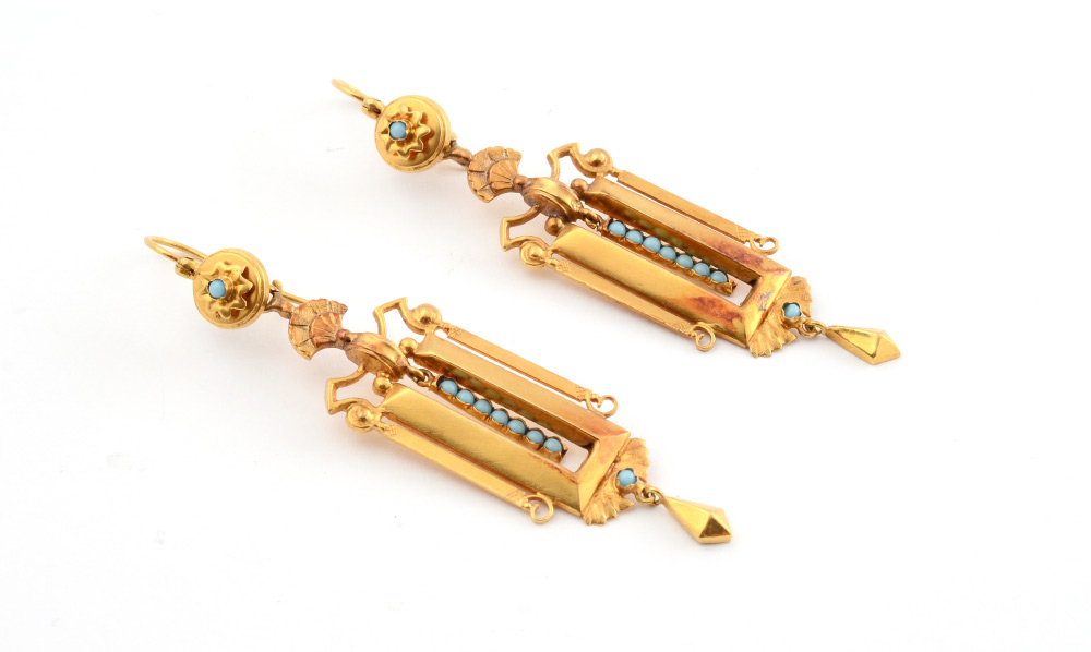 Appraisal: ANTIQUE K GOLD EARRINGS Turquoise cabochons in K yellow gold