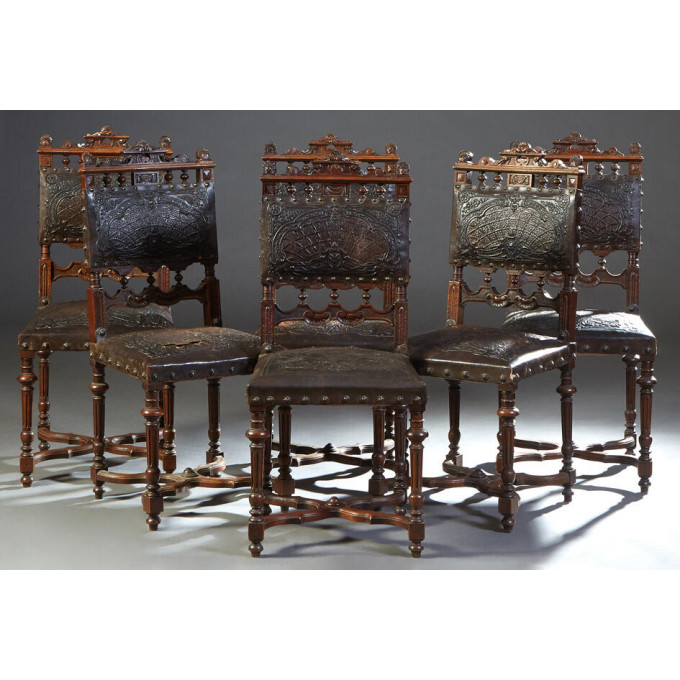 Appraisal: Set of Six Carved Oak Louis XIII Style Dining Chairs