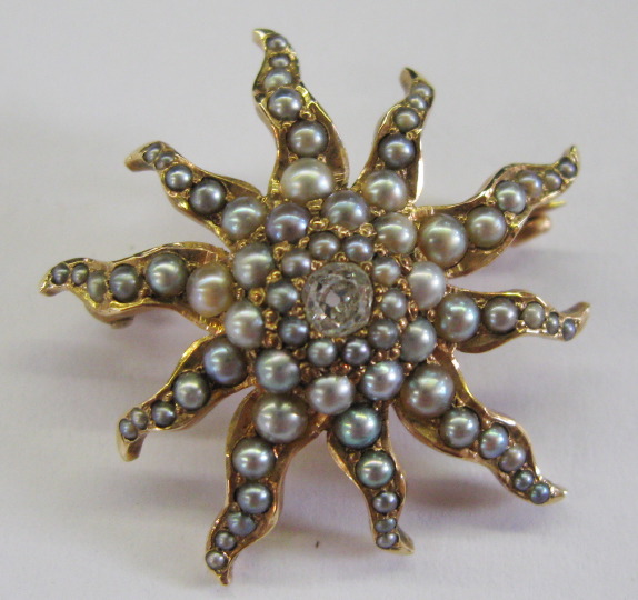 Appraisal: American Victorian Fourteen-Karat Yellow Gold Pearl and Diamond Pendant Pin