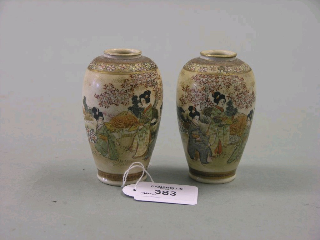 Appraisal: A pair of miniature Satsuma posy vases ovoid shape painted