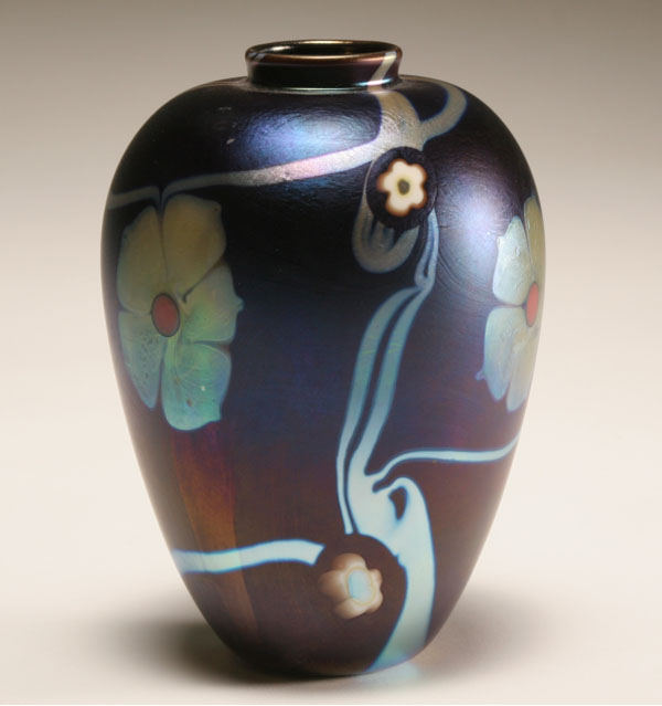 Appraisal: Steven Carlson blue iridescent glass vase Silver florals and trailing