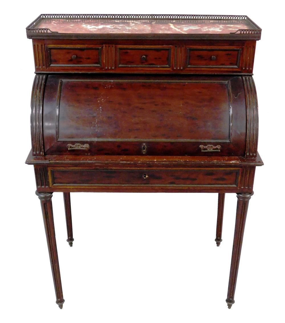 Appraisal: French Louis XVI style roll top desk pierced brass gallery