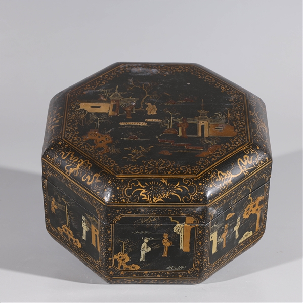 Appraisal: Chinese gilt lacquered octagonal box with numerous scenes and figures