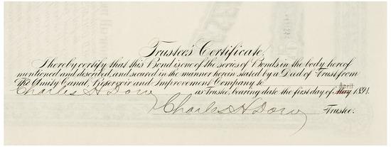 Appraisal: DOW Charles Bond certificate signed twice for the Amity Canal