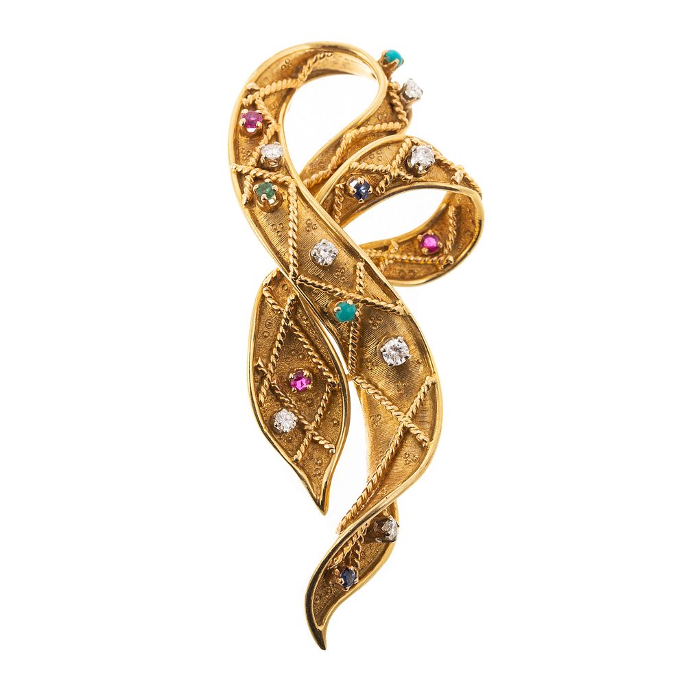 Appraisal: A Vintage Ribbon Brooch with Gemstones in K K yellow