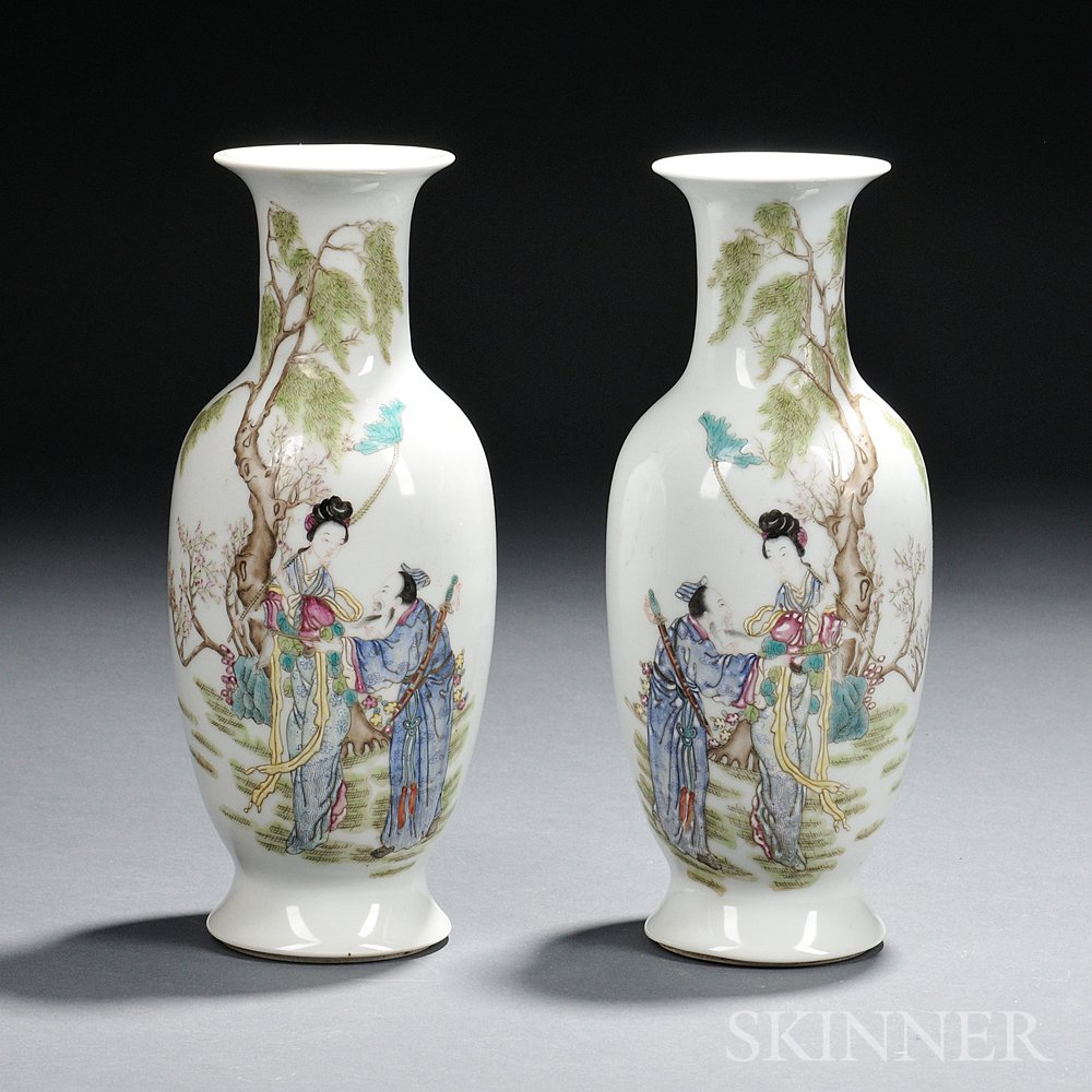 Appraisal: Pair of Famille Rose Vases China baluster form depicting two