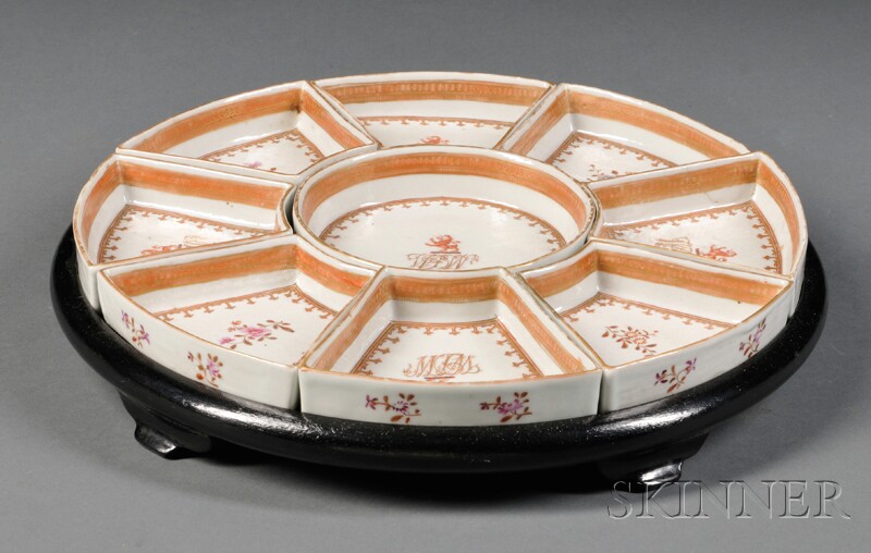 Appraisal: Nine-piece Chinese Export Porcelain Condiment Set in a Lacquered Wood