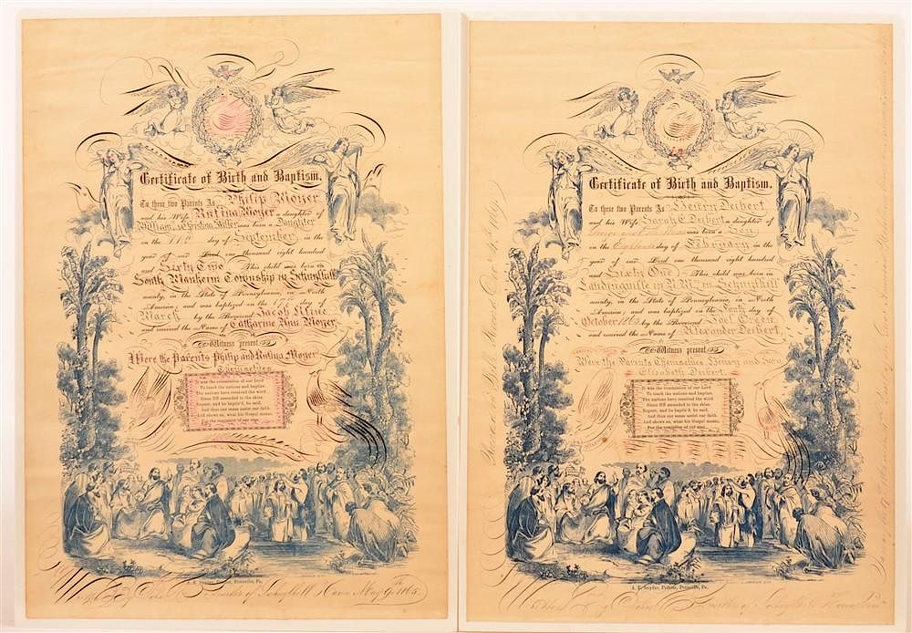 Appraisal: Two Hand Filled Birth and Baptismal Certificates Two Printed and